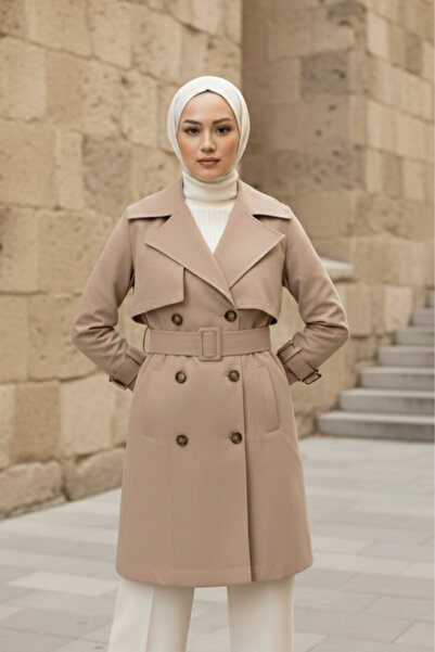 Zeneva Collection Yeni Bej %100 Pamuk Gabardin Midi (95 cm) Astarlı Kemerli Kadın Tesettür Trençkot