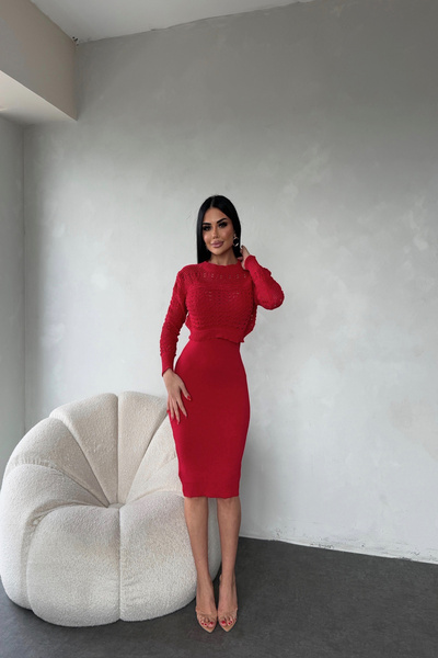 LİLA İSTANBUL Crew Neck Double Knit Red Set