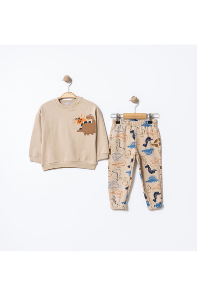 YUSALİ Dinosaur Pattern Printed 2-Ply Paddywear, Casual 100% Cotton Boys' Set