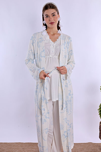 ByLohusa Effortt Blue/Ecru Maternity Pajama Set with Dressing Gown