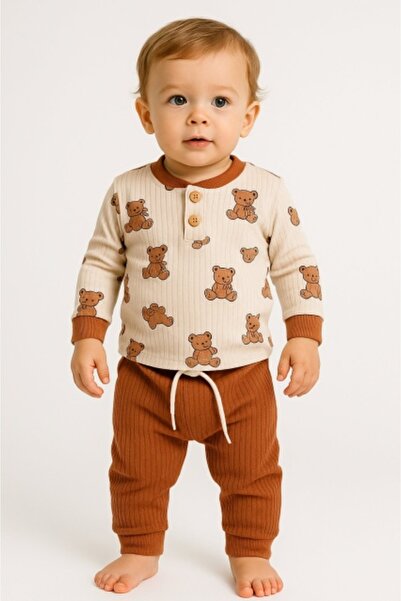 Superbaby Set bluzita si pantaloni Teddy Bear din bumbac, cu snur si nasturi