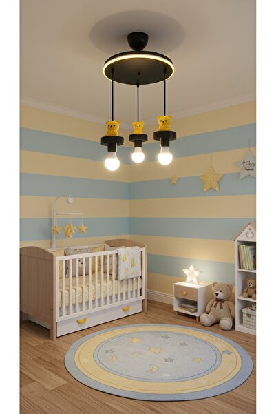 Eyzhen Bebek/Çocuk Odası Sarı Ayıcık Figürlü Neon Ledli 3'lü Sarkıt Avize