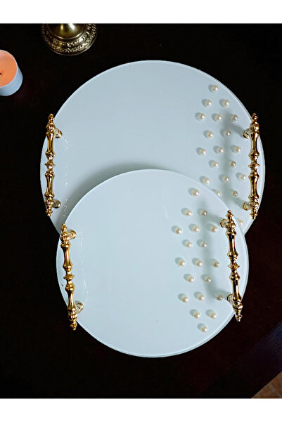 Glowvera Set de tăvi duble pentru propuneri, promisiuni și logodne din sticlă albă cu mânere aurii – 25 cm și 30 cm