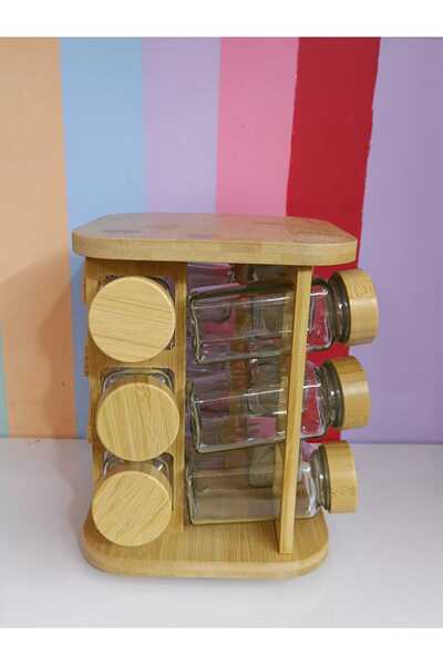 DEKOR ZÜCCACİYE HOME 12-Piece Rotating Stand Bamboo Wooden Lid Glass Spice Set