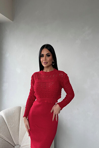 LİLA İSTANBUL Crew Neck Double Knit Red Set
