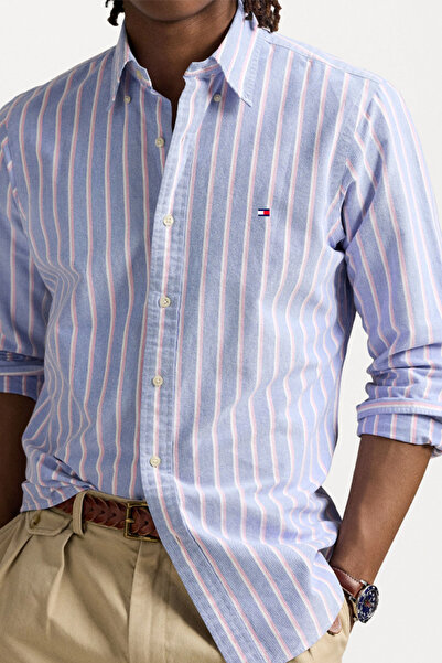 Tommy Hilfiger Men Blue Striped Regular Fit Cotton Shirt
