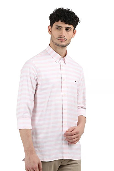 Tommy Hilfiger Men White & Light Pink Stripes Regular Shirt
