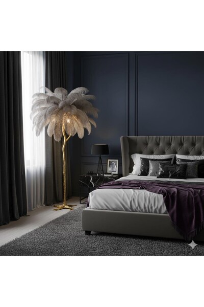 Kardett Floor lamp with Ostrich feathers, 120cm, vertical, Grey, Gold Leg, 3 E14 Bulbs
