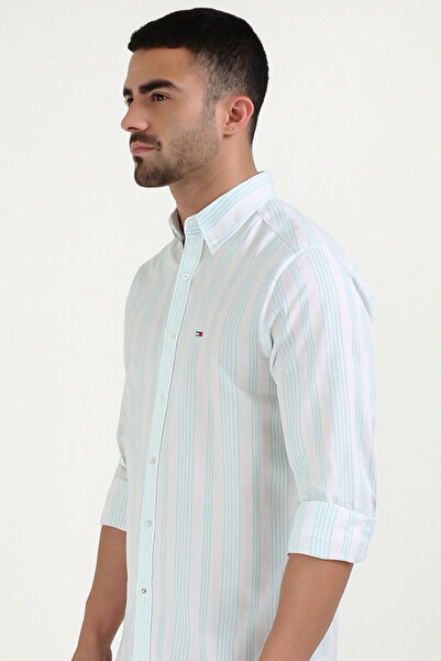 Tommy Hilfiger Men Green Striped Regular Fit All-Day Cotton Shirt