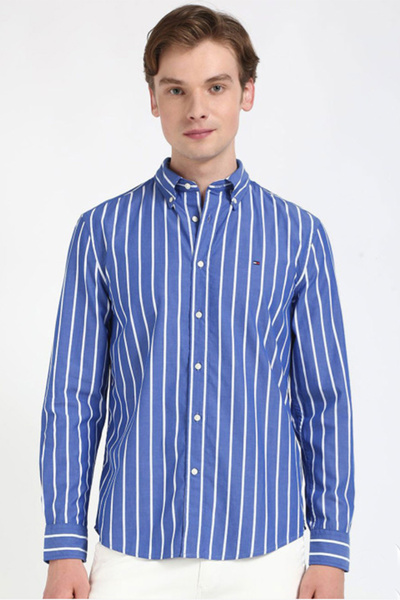 Tommy Hilfiger Men Blue Vertical Striped Cotton Casual Shirt