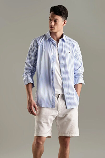 Tommy Hilfiger Men Light Blue Striped Regular Fit Cotton Shirt