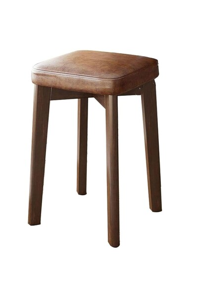 Kardett Square wooden stool with soft cushion, imitation leather, Brown, comfortable chair for home