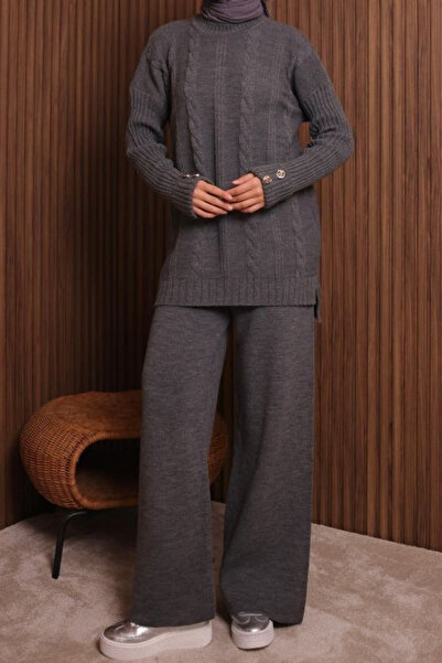 Balenbi Women's Oversized Hair Braid Pattern Button Detailed Hijab Knitwear Set 1137