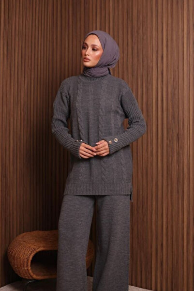 Balenbi Women's Oversized Hair Braid Pattern Button Detailed Hijab Knitwear Set 1137