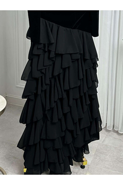 TREN Tiered Ruffled Evening Dress Long Sleeve Velvet Gown for Weddings & Formal Events