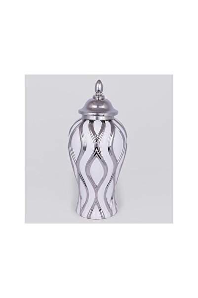 Romantic Home White Silver ceramic vase with lid 42 cm