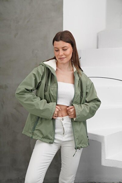 kulina Kadın İçi Polar Astarlı Su Geçirmez Yağmurluk Rüzgarlık Mont Ceket Haki