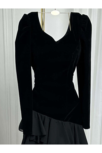 TREN Tiered Ruffled Evening Dress Long Sleeve Velvet Gown for Weddings & Formal Events