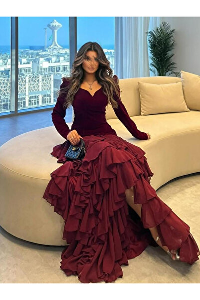 Nice Model Layered Chiffon Evening Dress Long Sleeve Velvet Bodice Tiered Formal Gown V-Neck Party Ruffled