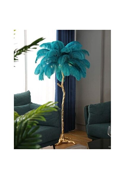 Kardett Lampă de podea albastră cu pene de struț, picior auriu, 120 cm, 3 bec...