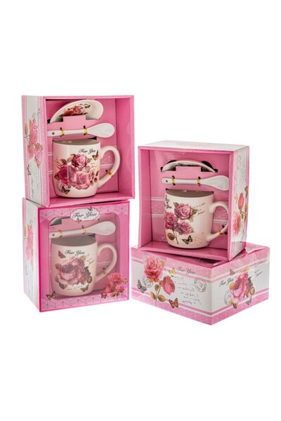 Iliadis Alexandros Cana Romantic Roses din ceramica cu capac si lingurita