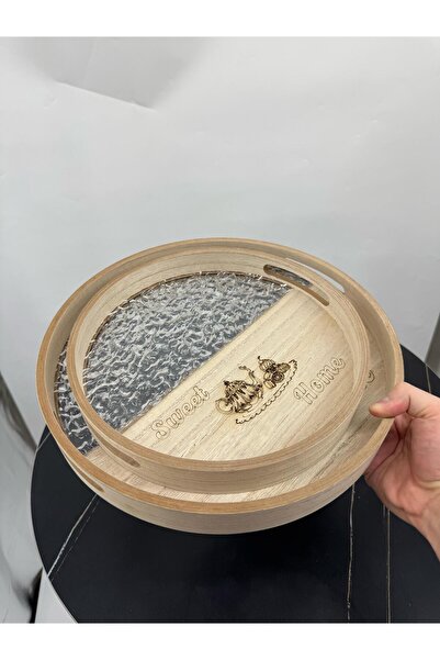 Living مجموعة من صينيتين دائريتين للتقديم مصنوعة من الخشب والزجاج