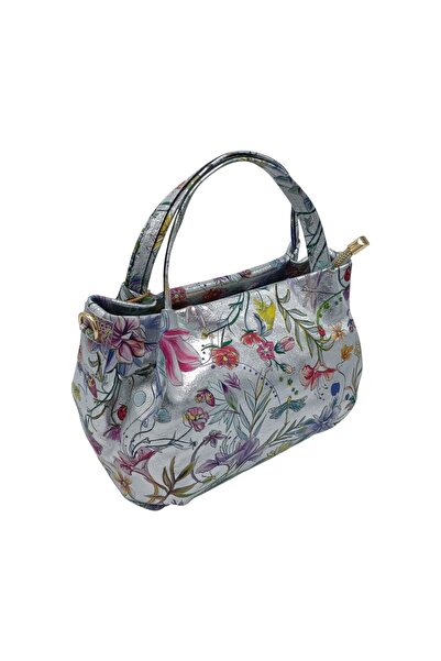 EVoStyle Women's Handbag in Genuine Leather Belle Monique Flower HM6162F, 28 × 23 × 15 cm, Silver Color