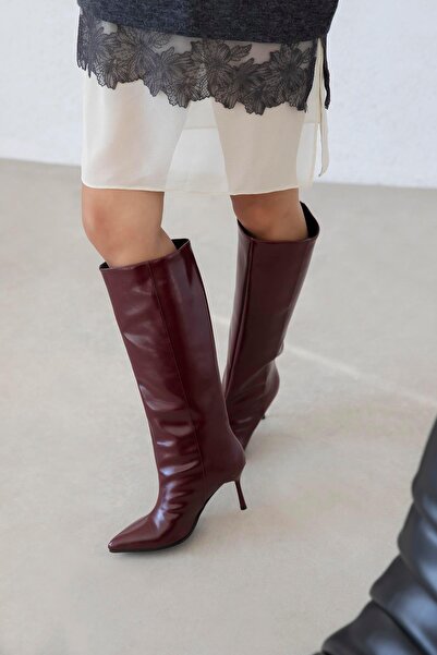 STRASWANS Γυναικείες μπότες Clara από δερμάτινο τσαλακωμένο χρώμα ανοιχτό μπορντό