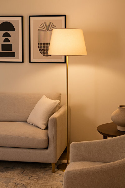 Vinner Plus Lucent Krem Şapkalı Lambader – Gold Metal Gövde, Modern Salon ve Oturma Odası Lambader