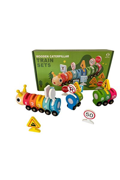 OEM Joc educativ din lemn Omida Trenulet Multicolor cu 10 Vagoane Numerotate si Semne de Circulatie