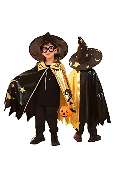 PARTİAVM Girls Boys Kids Costume Halloween Halloween Costume Cape Hat Suit Set Gold Black Patterned