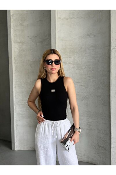 MODA Muadil Zero Sleeve Ribbed Knit Tank Top with Embroidery Detail