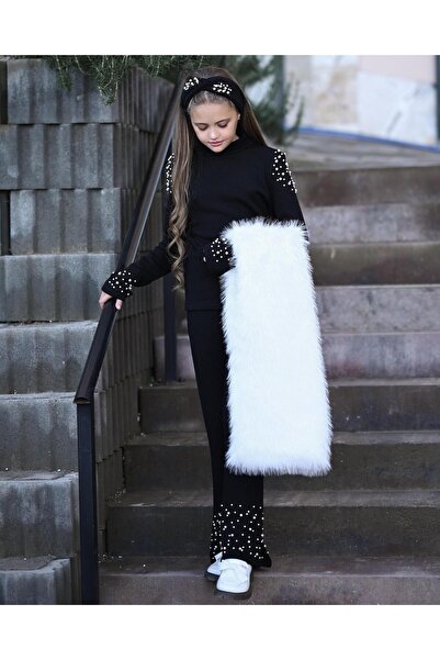 UZUN BUTİK Kids Girl's Vest and Pearl-Detail Knitwear Set with Pearl-Bandana