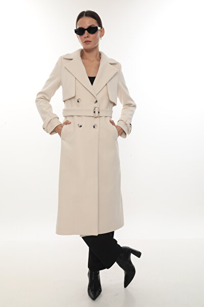 İKSUN Belted Buttoned Lined Premium Quality Comfortable Fit Winter Women's Cashmere Coat