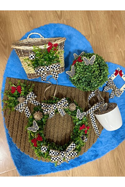 Marrone Büyük Paspas Ve Büyük 45cm Kapı Süsü 100*50 cm Paspas Şimşir Ağacı Sepet Ve Priz Süsü Extra 5li