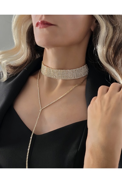 Eva Takı Store Altın Kaplama Rhinestone Y Model Su Yolu Model Kolye