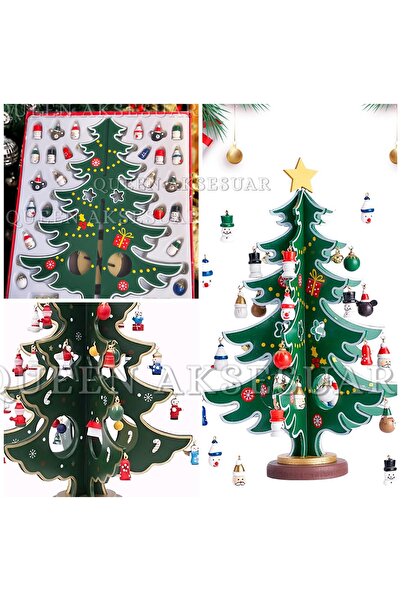 QUEEN AKSESUAR شجرة عيد الميلاد الخشبية، مجموعة هدايا من الصنوبر للزينة، زينة كبيرة الحجم للطاولة مع ألعاب معلقة