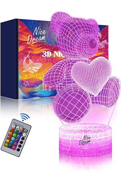 Nice Dream Lampa de veghe 3D Urs - 16 Culori Schimbatoare cu Telecomanda, Perfecta pentru Camera Copiilor