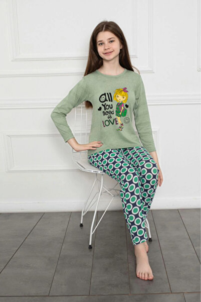 embody Girls' pyjamas, cotton, long sleeves and trousers, Love print, green