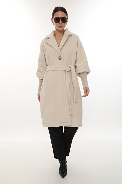 İKSUN Premium Quality Comfortable Fit Winter Women's Cashmere Coat with Belted Buttons, Lined and Brooched