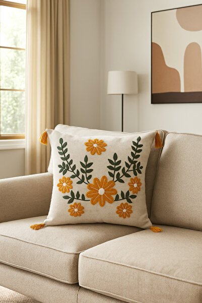 ON-ARS TEKSTİL Orange Floral Embroidered Linen Throw Pillow Cover – Tasseled, Decorative Pillow (43X43 cm)