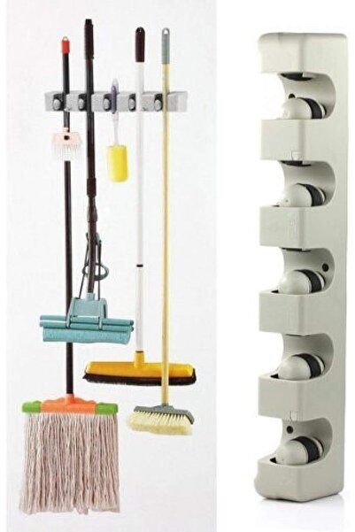 fitto Wall-mounted broom holder with 5 slots for mops, brushes and long-handled tools -