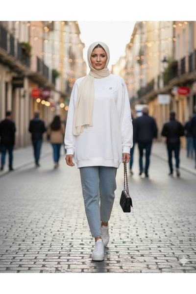 azram Pearl Detailed 3D Flower Embroidered Ov Oversized Black Sweatshirt