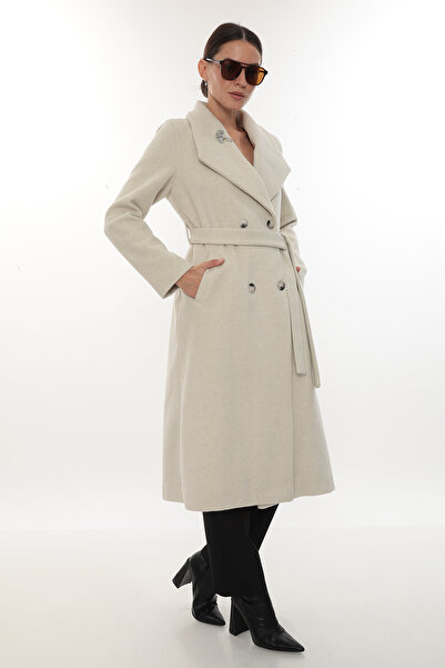 İKSUN Premium Quality Comfortable Fit Winter Women's Cashmere Coat with Belted Buttons, Lined and Brooched