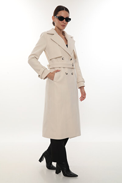İKSUN Belted Buttoned Lined Premium Quality Comfortable Fit Winter Women's Cashmere Coat