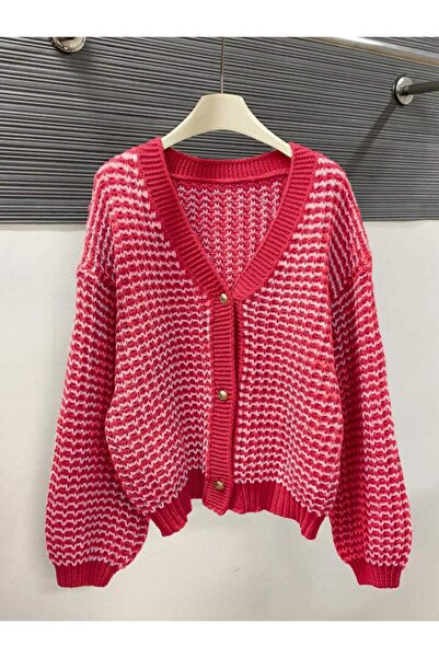 glztriko Off-Shoulder Oversize Thessaloniki Plaid Knit Patterned V-Neck Cardigan Sweater Glz045