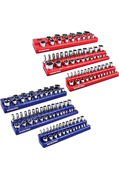 Workpro Magnetic Socket Organizer Set, 6-Piece (1/4", 3/8", 1/2" DR) SAE & Metric, Holds 143 Sockets