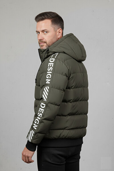 embody Men's black thick winter jacket with detachable hood and khaki print 7951