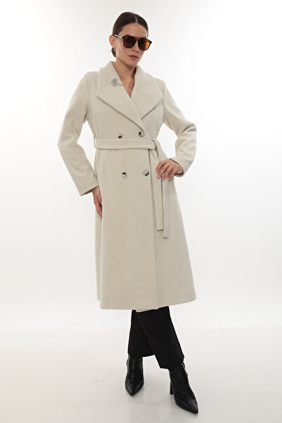 İKSUN Premium Quality Comfortable Fit Winter Women's Cashmere Coat with Belted Buttons, Lined and Brooched
