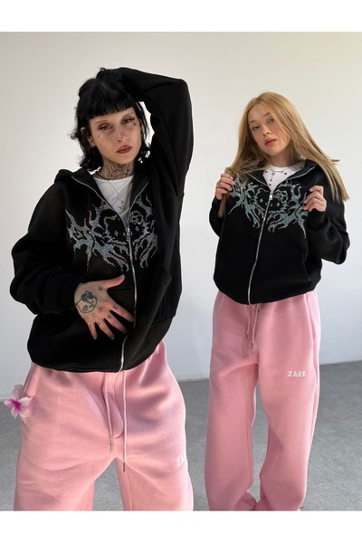 zaee Hello Kitty taşlı Oversize Fermuarlı Hırka